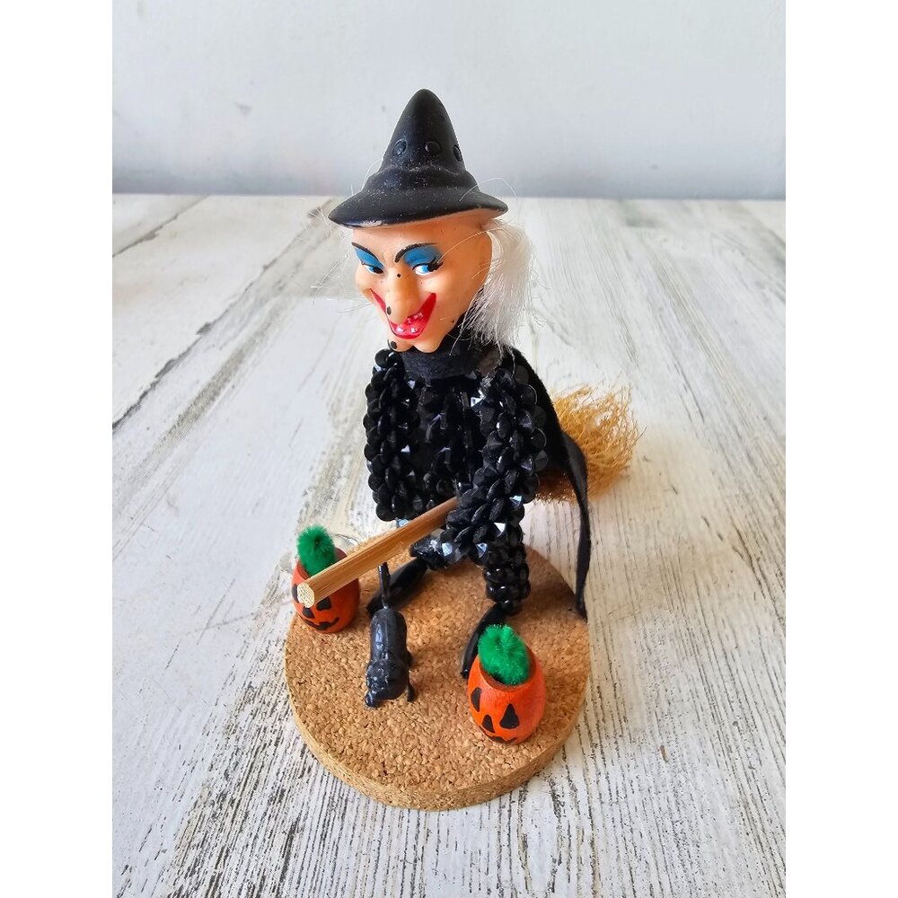 Vintage witch beaded broom statue figurine decor cat pumpkin unique - Picture 1 of 8
